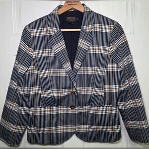 Pendleton Plaid Striped Navy Tan Tailored Blazer Jacket- Women's Size 10P